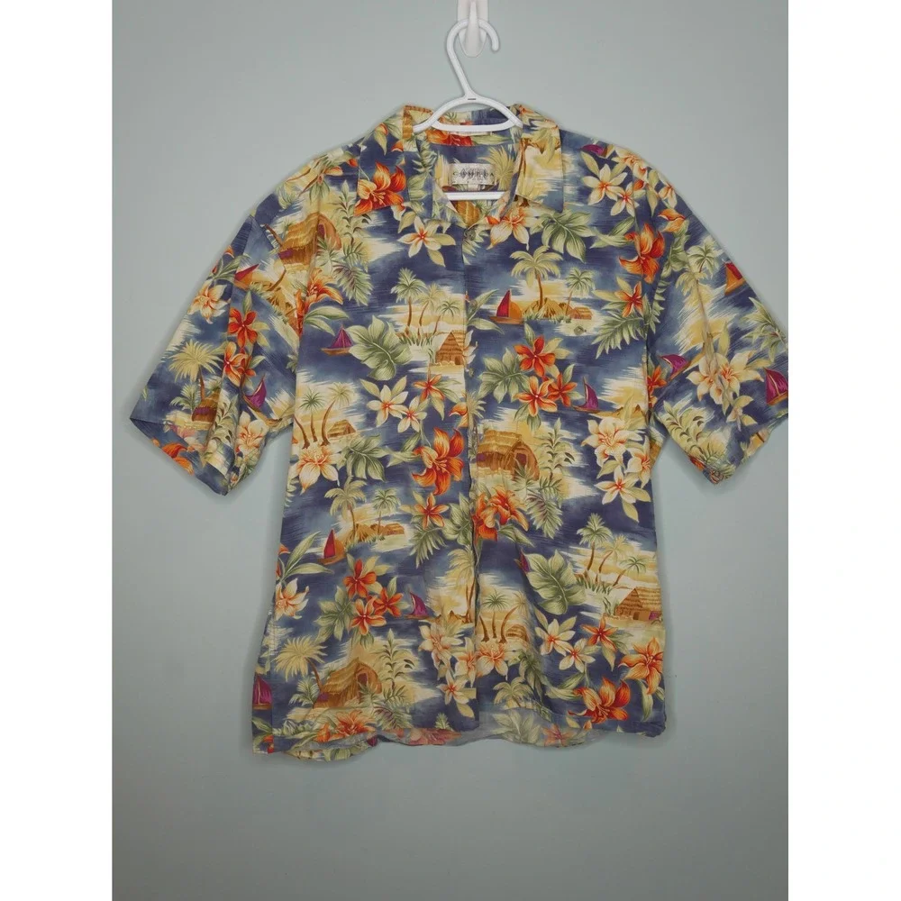 Campia Moda Mens XL Hawaiian Shirt Blue Tropical Hibiscus Palm Tree Cotton‎ XL